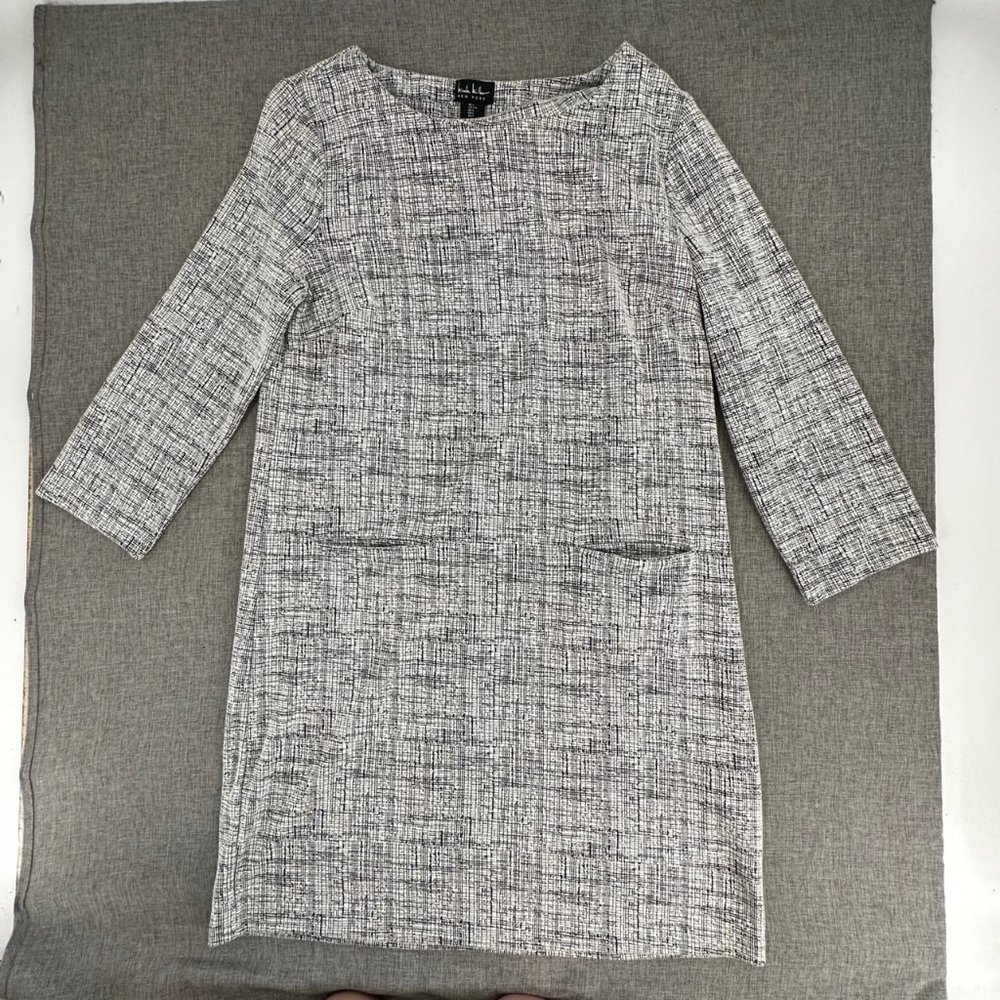 Nicole Miller New York Shift Dress Black White Large 2 Pockets Long Sleeve‎